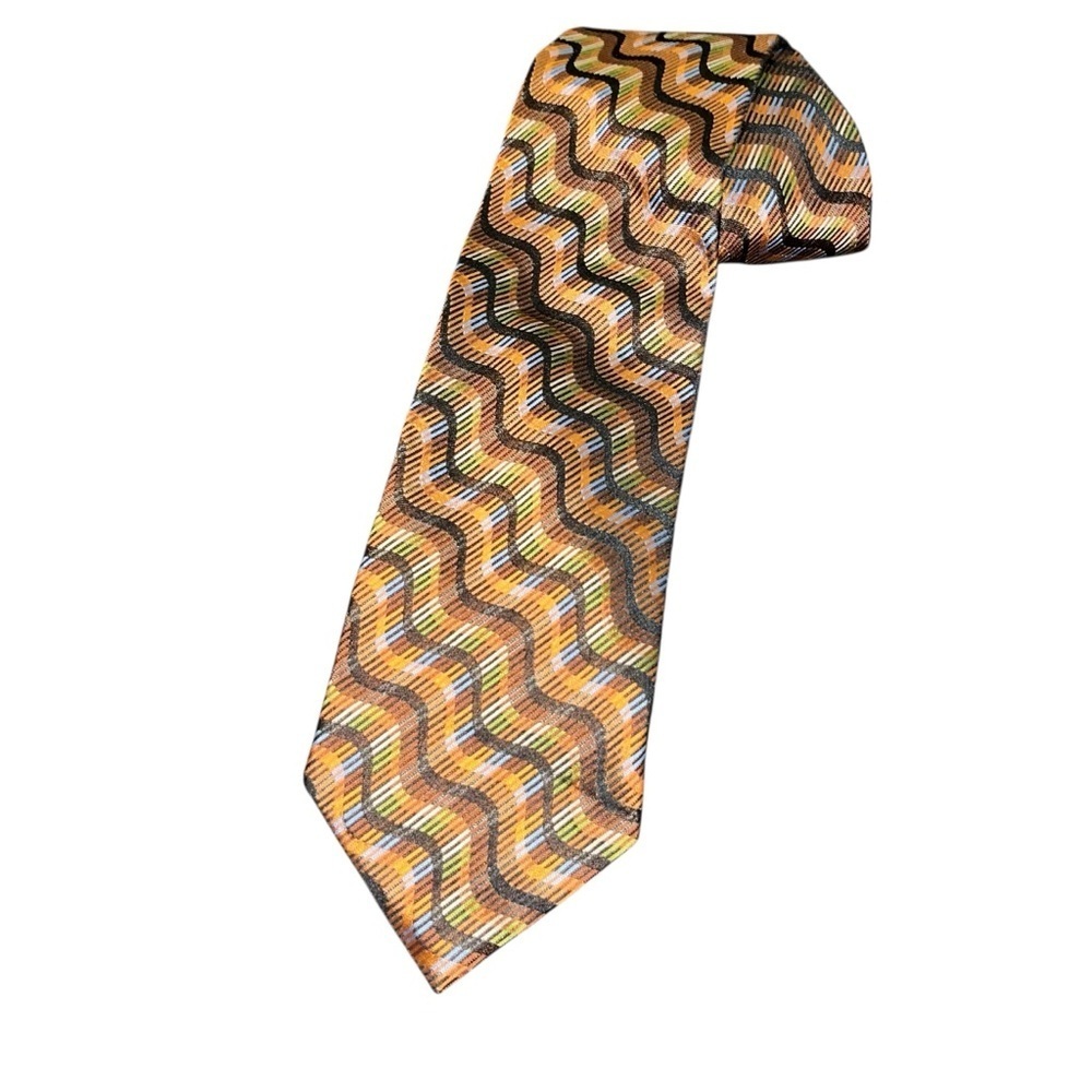 Jhane barnes 100% silk made in USA vintage geometric swirl tie brown black blue